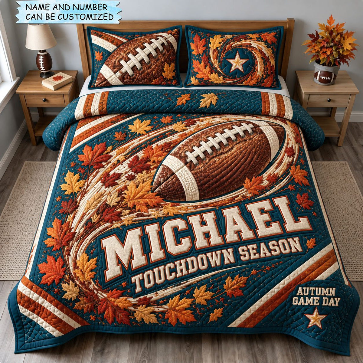 Touchdown Season 3-Piece Quilted Bedding Set QTCUZ quilted 3-piece bedding set on a made bed with two matching pillow shams