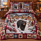 Toy Shelf Black Bear Holiday quilted 3-piece bedding set on a made bed in a winter-styled bedroom