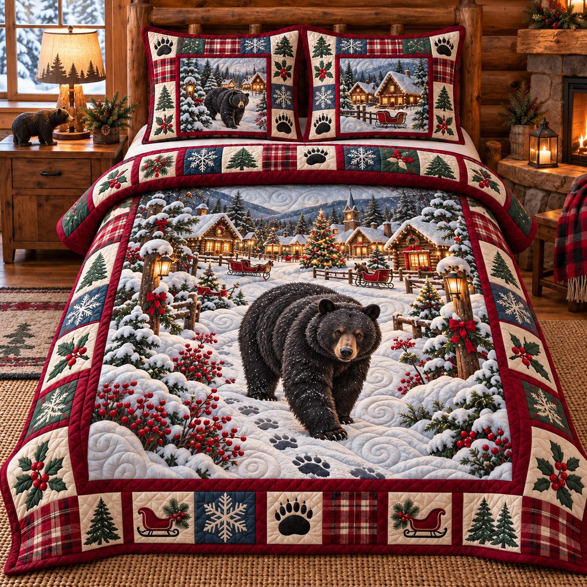 Toy Shelf Black Bear Holiday quilted 3-piece bedding set on a made bed in a winter-styled bedroom