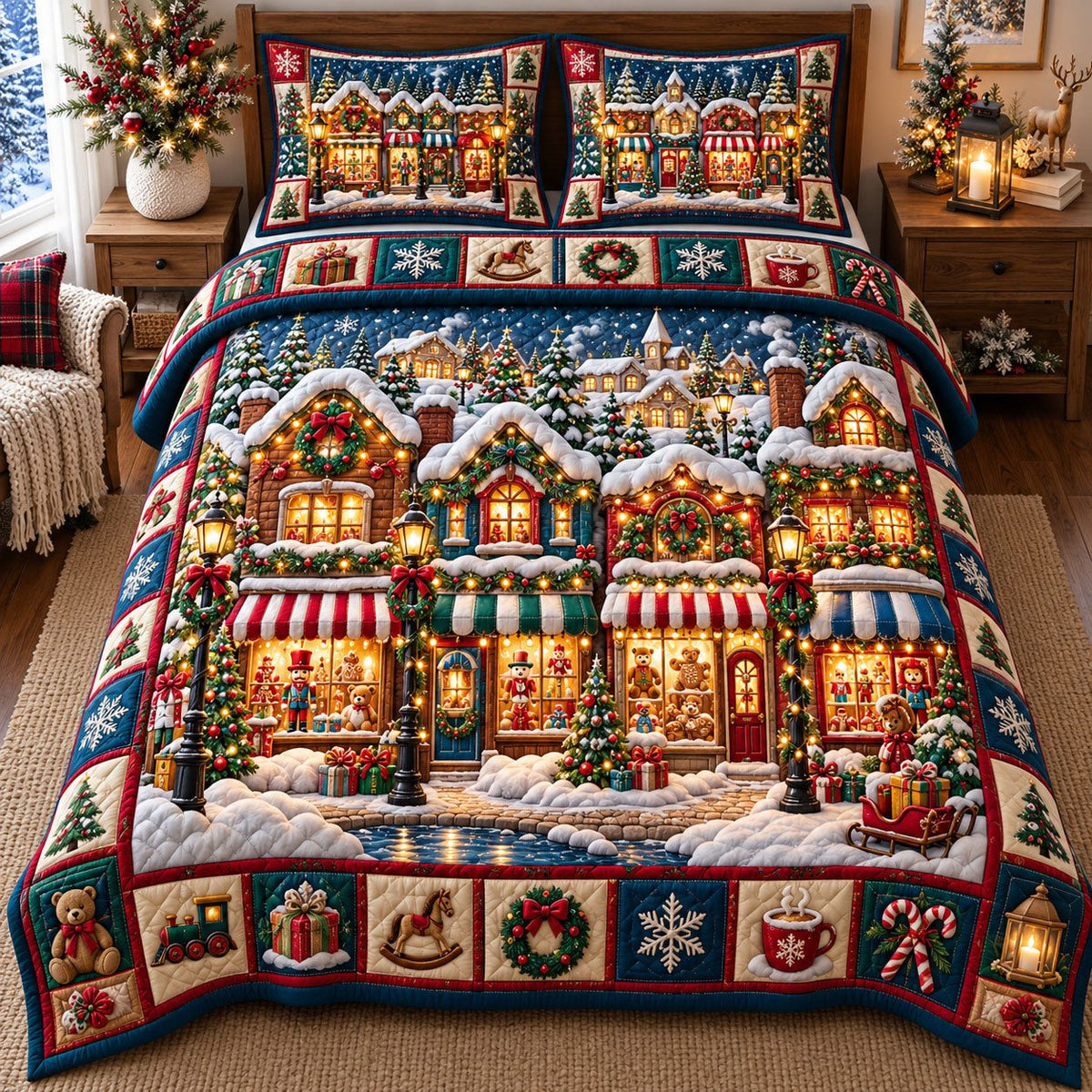Toy Shop Storefront Christmas Village quilted 3-piece bedding set on a made bed in a winter-styled bedroom