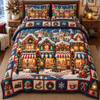 Toy Shop Storefront Christmas Village quilted 3-piece bedding set on a made bed in a winter-styled bedroom