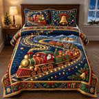 Toy Train Light quilted 3-piece bedding set on a made bed with two matching pillow shams