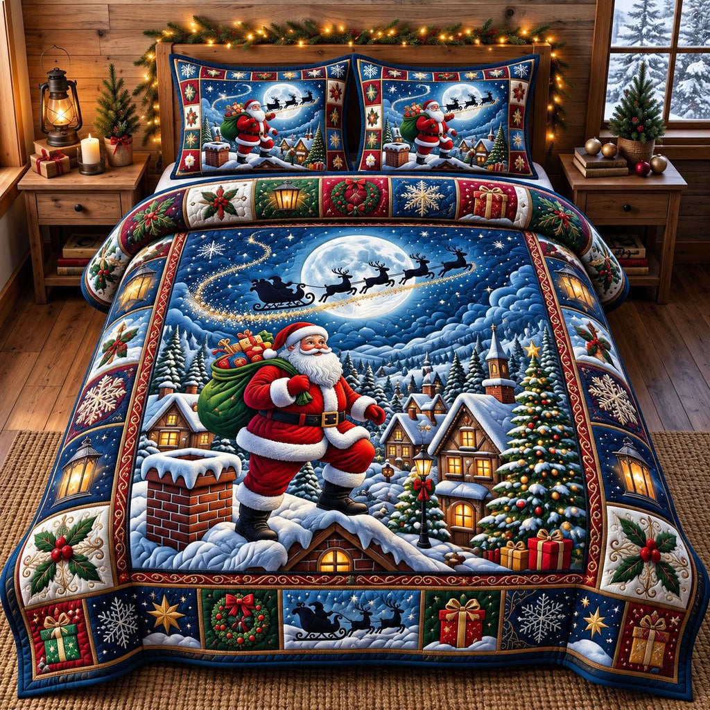 Toy Workshop Santa Claus quilted 3-piece bedding set on a made bed in a winter-styled bedroom