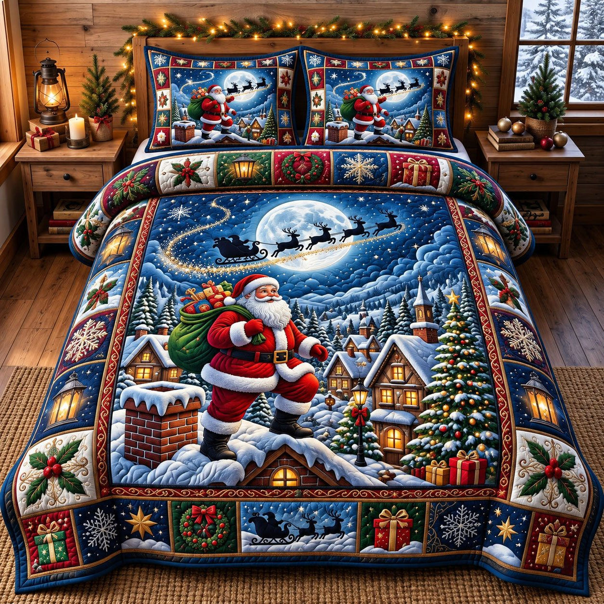 Toy Workshop Santa Claus quilted 3-piece bedding set on a made bed in a winter-styled bedroom