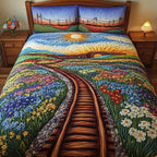 Tracks Of Texas Sun quilted 3-piece bedding set on a made bed in a rustic timber bedroom