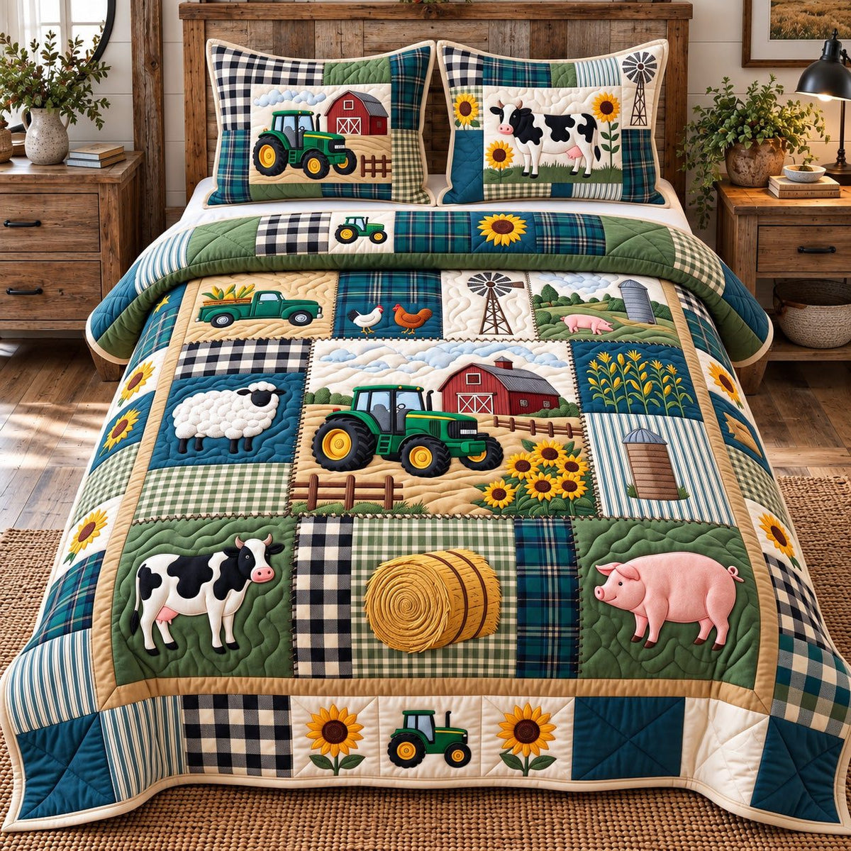 Tractor Patchwork quilted 3-piece bedding set on a made bed in a farmhouse bedroom