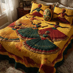 Traditional Dancing Sun quilted 3-piece bedding set on a made bed in a farmhouse bedroom