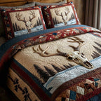 Trailblazer Spirit Skull quilted 3-piece bedding set on a made bed against a dark styled interior