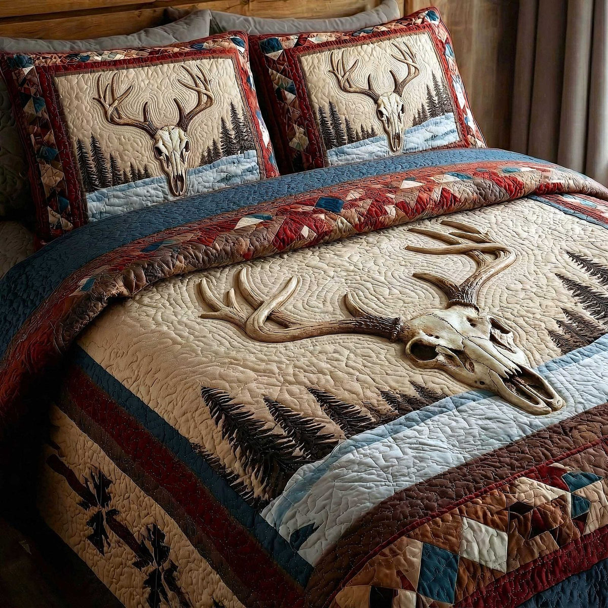 Trailblazer Spirit Skull quilted 3-piece bedding set on a made bed against a dark styled interior