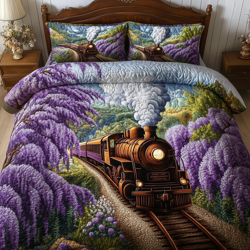Train Journey Lavender quilted 3-piece bedding set on a made bed with two matching pillow shams