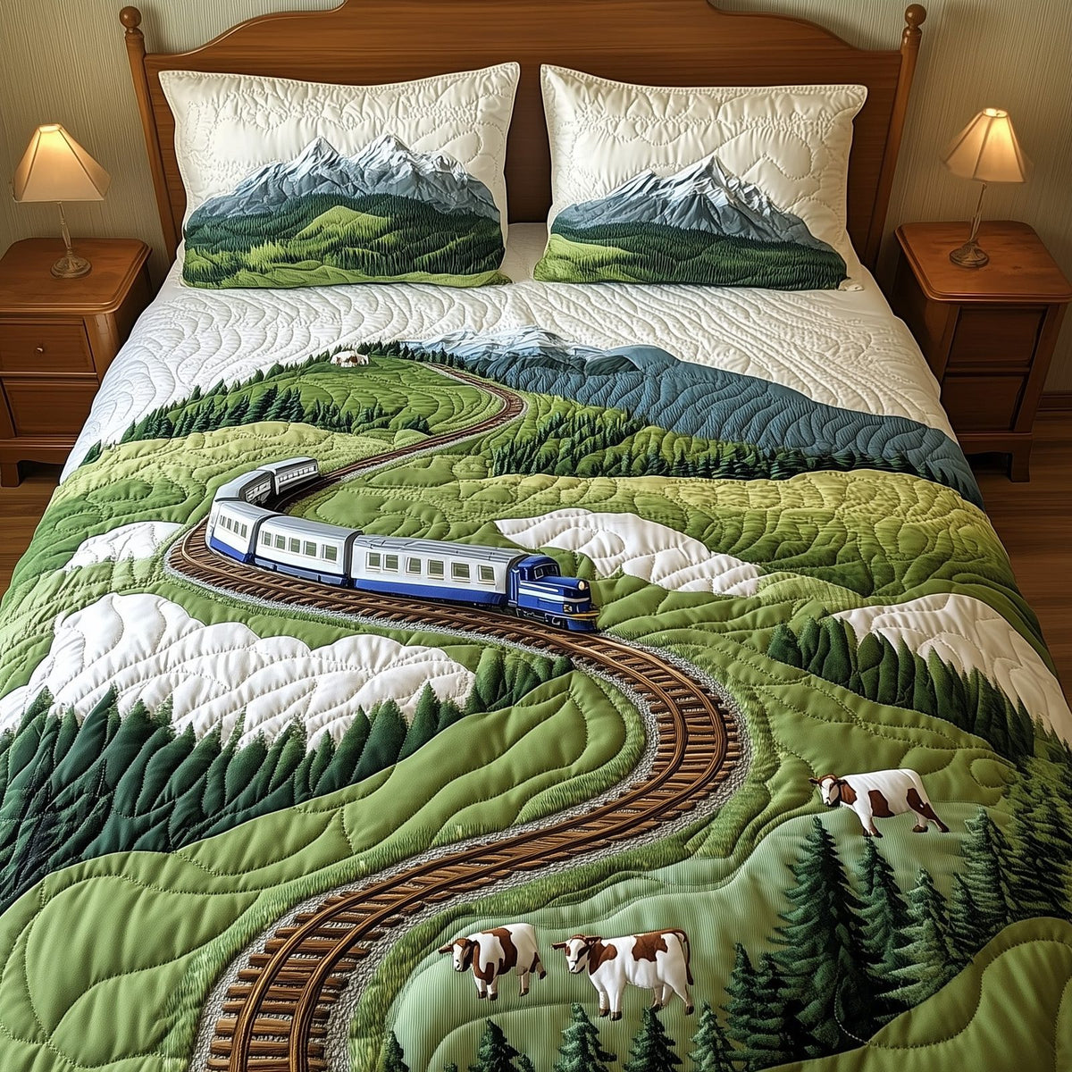 Train To Paradise quilted 3-piece bedding set on a made bed with two matching pillow shams