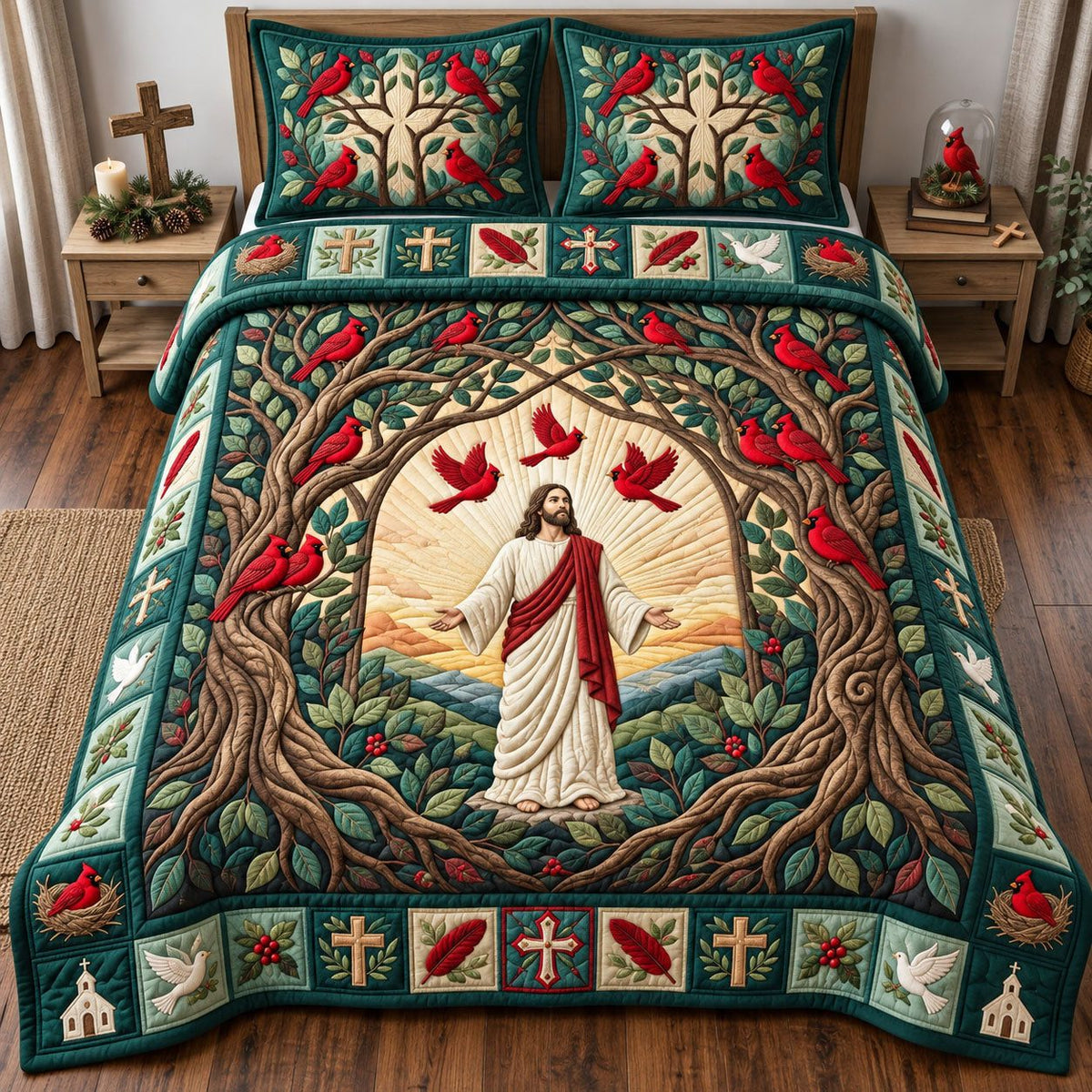 Tree of Cardinals quilted 3-piece bedding set on a made bed with two matching pillow shams