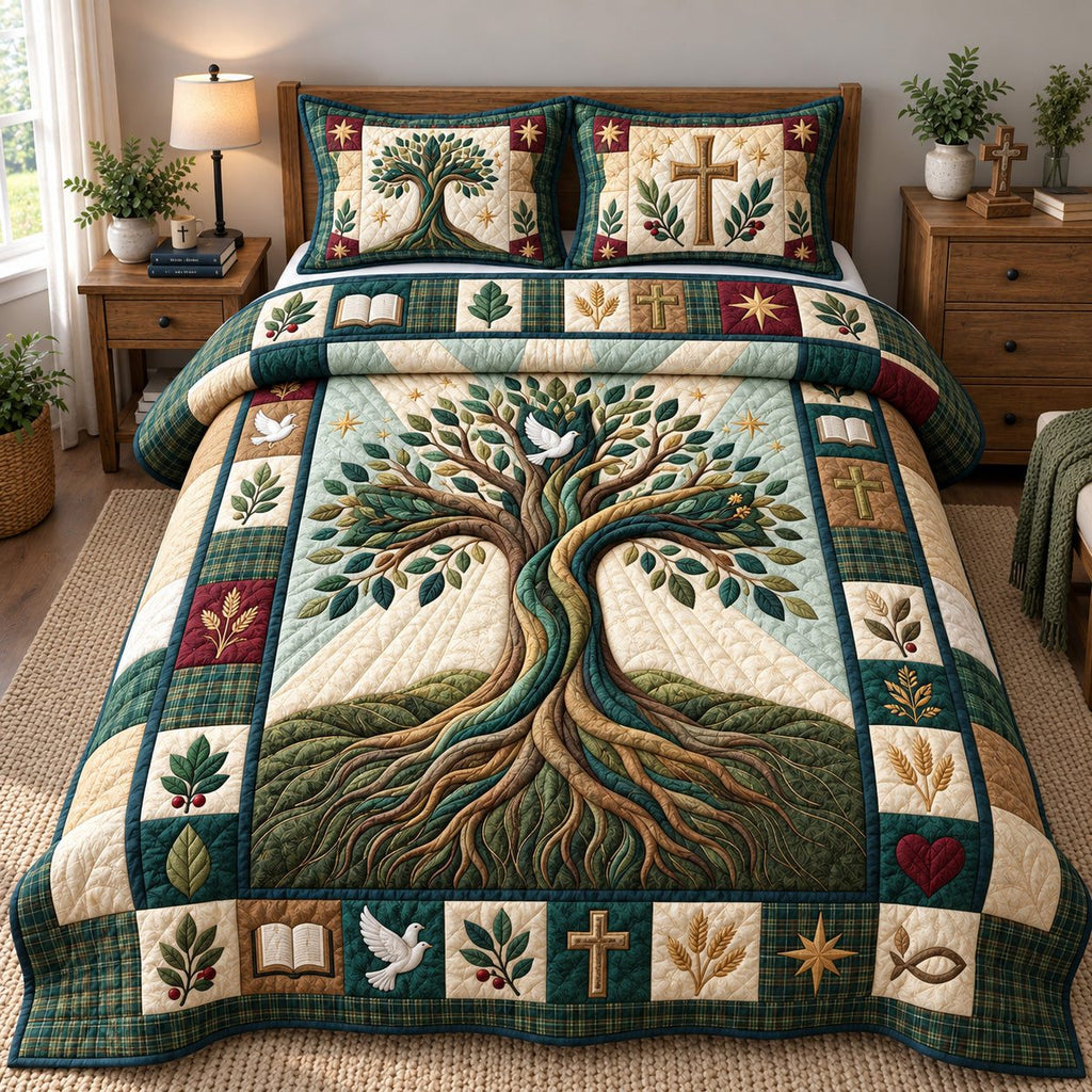Tree Of Faith quilted 3-piece bedding set on a made bed in a softly lit bedroom