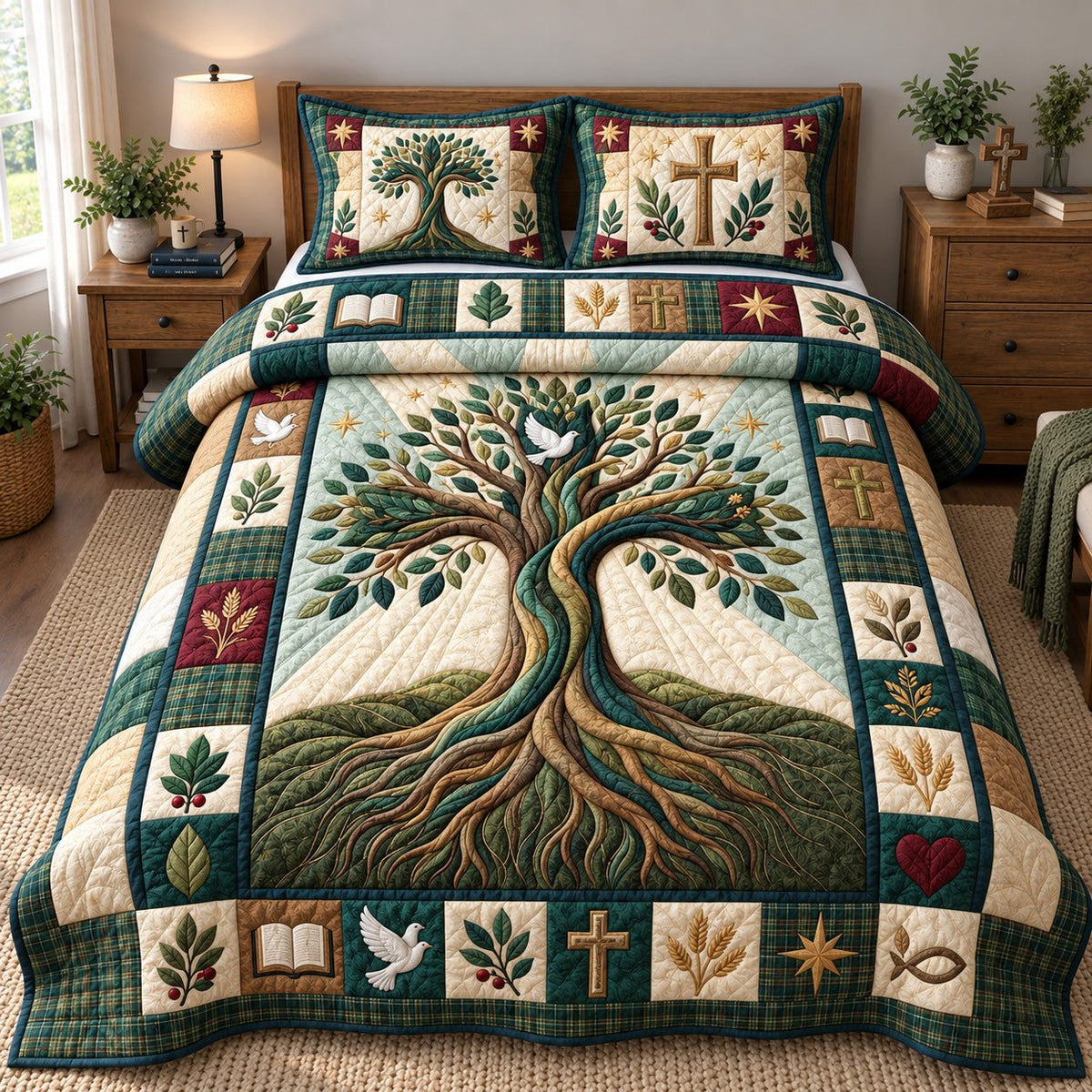 Tree Of Faith quilted 3-piece bedding set on a made bed in a softly lit bedroom