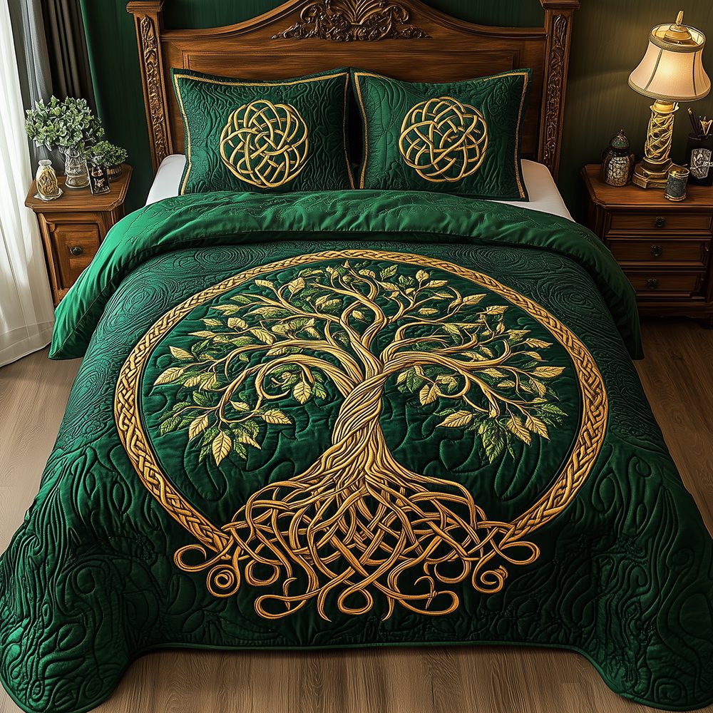 Tree Of Life Celtic Green quilted 3-piece bedding set on a made bed with two matching pillow shams