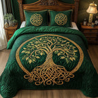 Tree Of Life Celtic Green quilted 3-piece bedding set on a made bed with two matching pillow shams