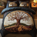 Tree Of Life Dark quilted 3-piece bedding set on a made bed with two matching pillow shams