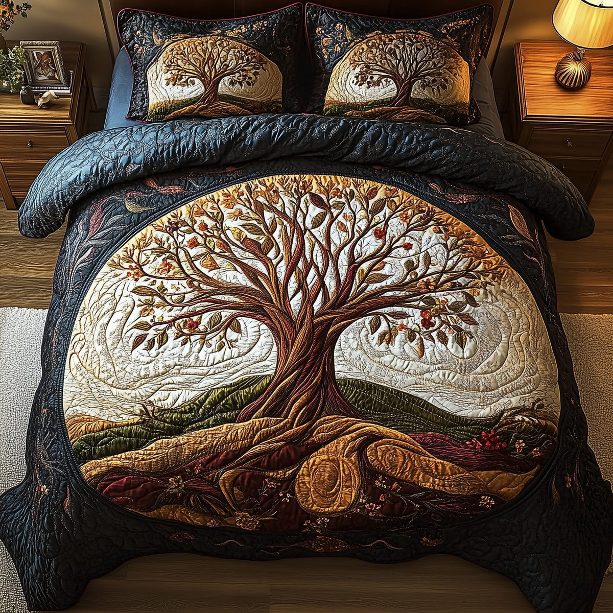 Tree Of Life Dark quilted 3-piece bedding set on a made bed with two matching pillow shams