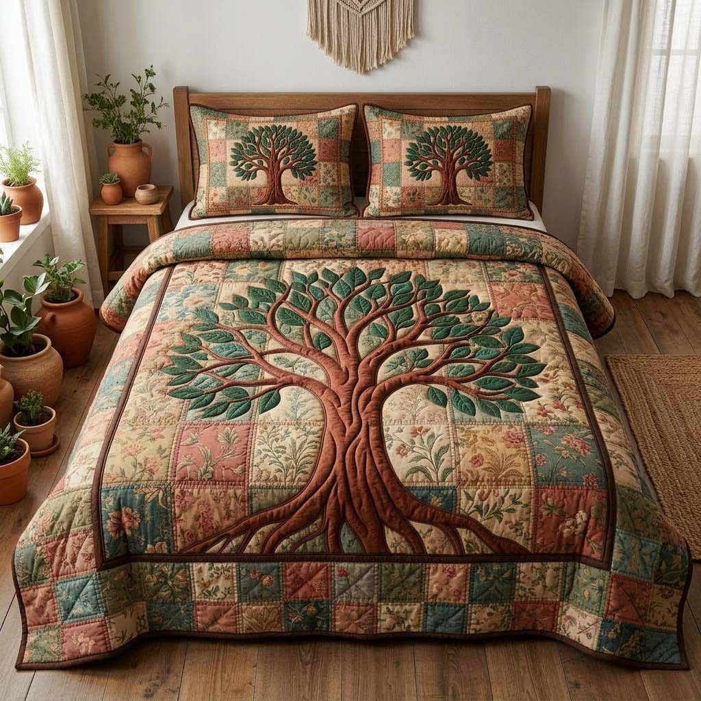 Tree Of Life Patch Cream quilted 3-piece bedding set on a made bed with two matching pillow shams