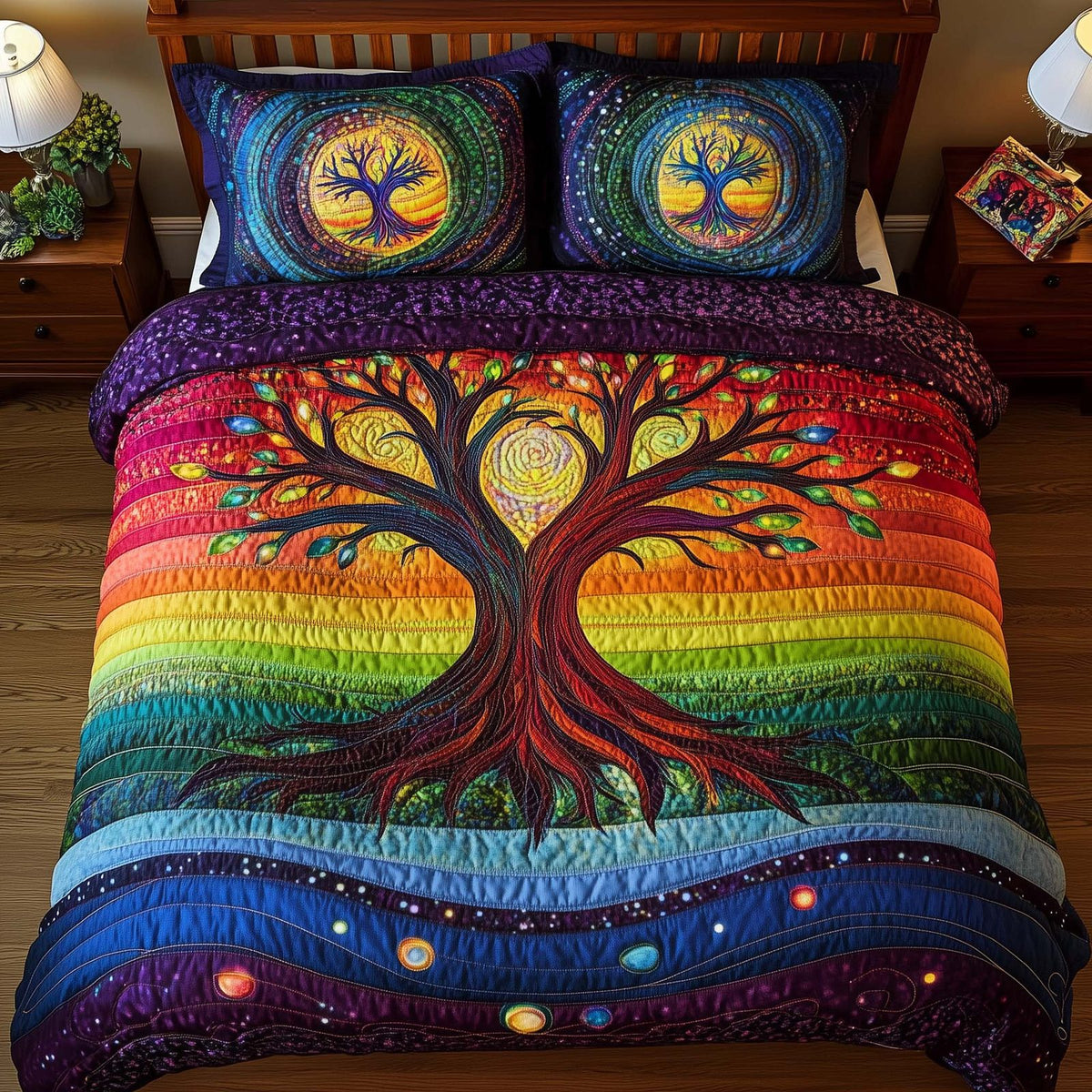 Tree Of Life Rainbow Sky quilted 3-piece bedding set on a made bed with two matching pillow shams