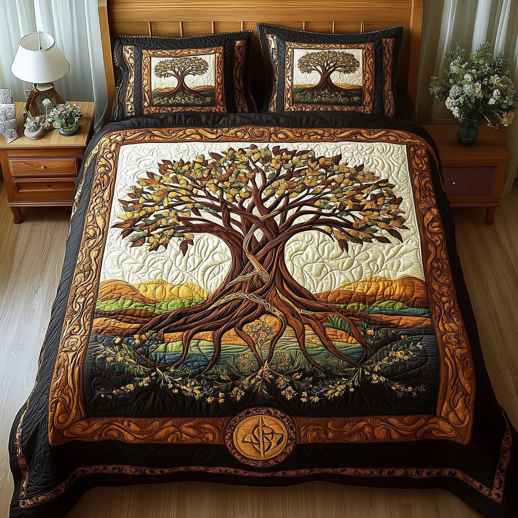 Tree Of Life Sunset Frame quilted 3-piece bedding set on a made bed with two matching pillow shams