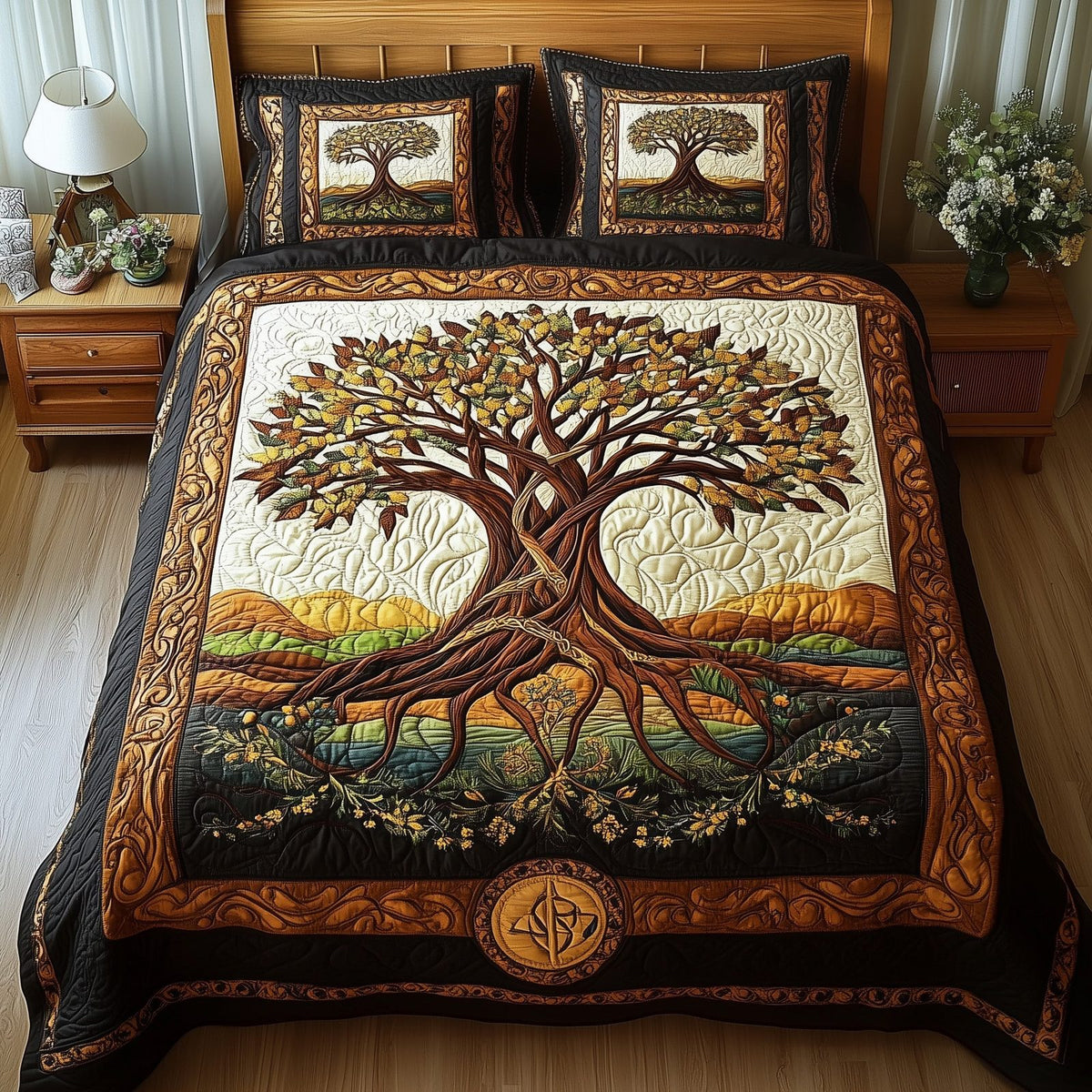 Tree Of Life Sunset Frame quilted 3-piece bedding set on a made bed with two matching pillow shams