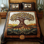 Tree Of Life Sunset Frame quilted 3-piece bedding set on a made bed with two matching pillow shams