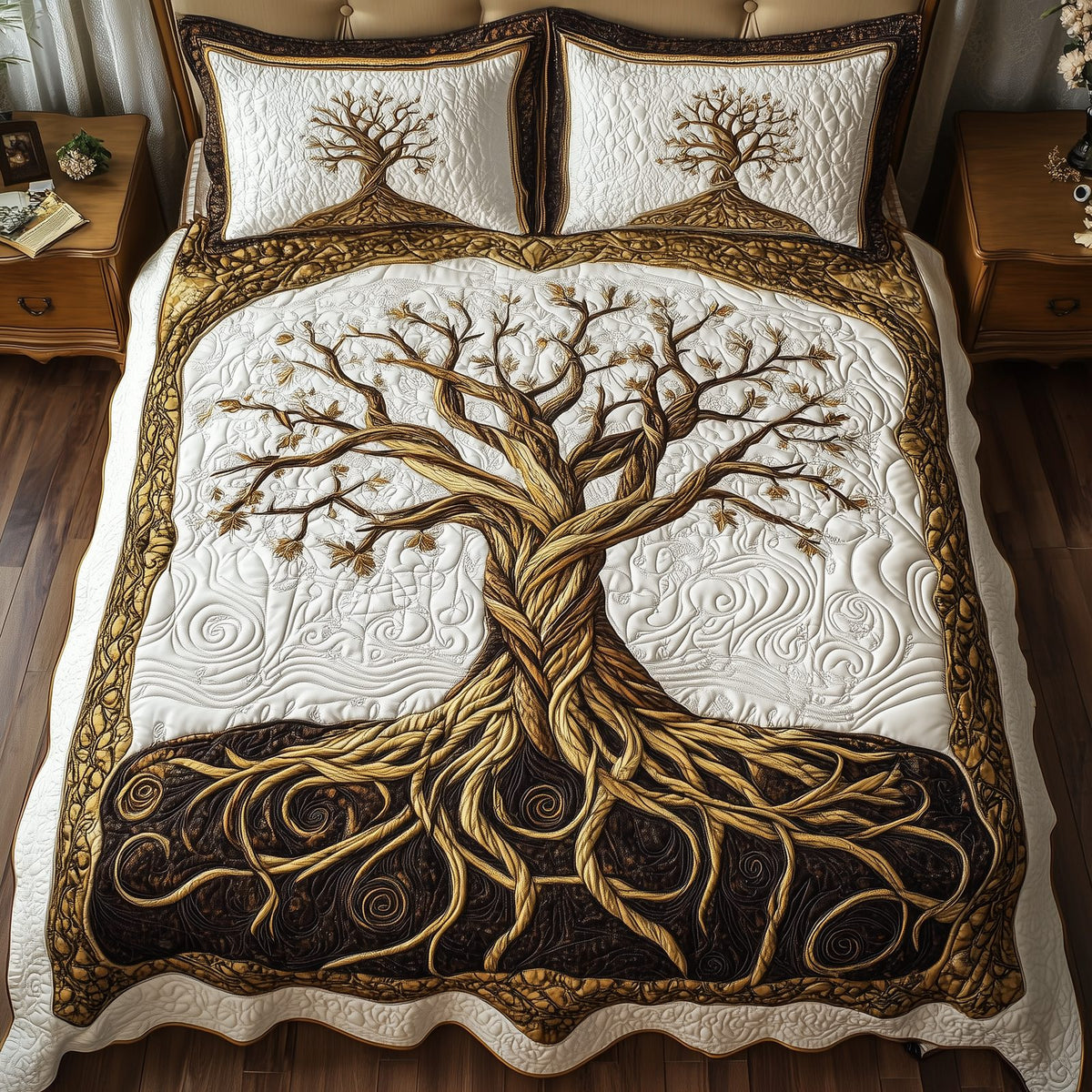 Tree Of Life White Roots quilted 3-piece bedding set on a made bed with two matching pillow shams