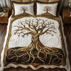 Tree Of Life White Roots quilted 3-piece bedding set on a made bed with two matching pillow shams