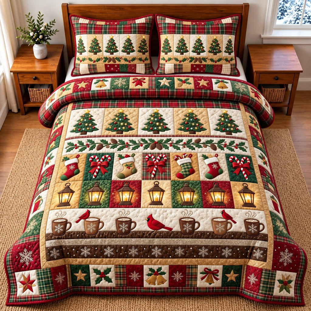 Tree Patchwork quilted 3-piece bedding set on a made bed in a farmhouse bedroom