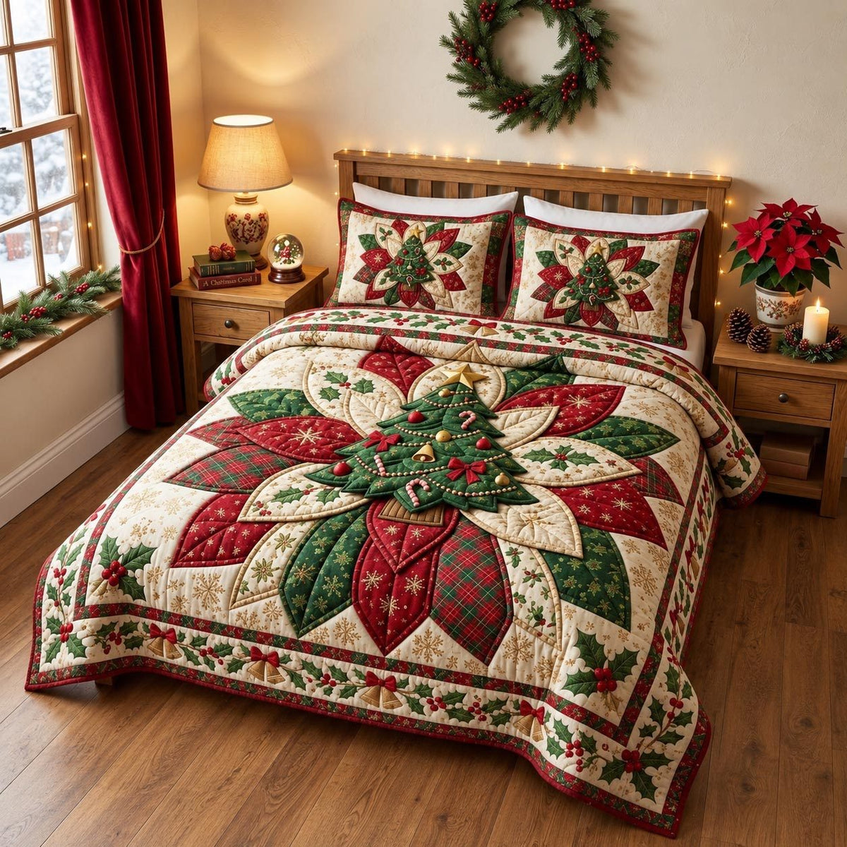 Tree Poinsettia quilted 3-piece bedding set on a made bed in a winter-styled bedroom