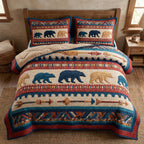 Tribal Bear Row quilted 3-piece bedding set on a made bed with two matching pillow shams