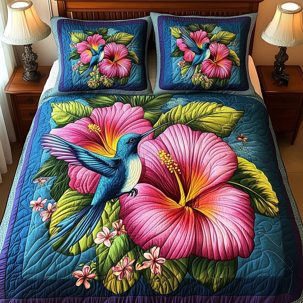 Tropical Blooming Hummingbird quilted 3-piece bedding set on a made bed in a light coastal bedroom