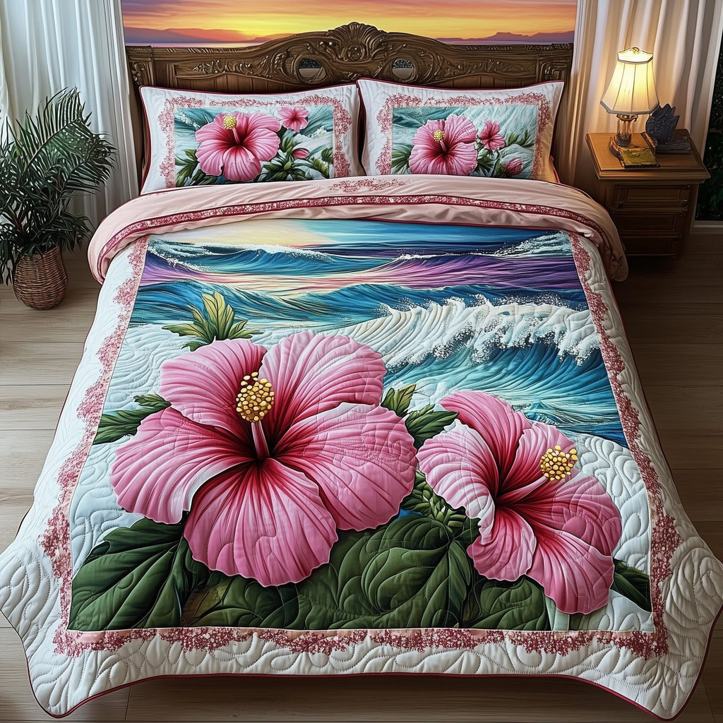 Tropical Blooming Wave quilted 3-piece bedding set on a made bed in a light coastal bedroom