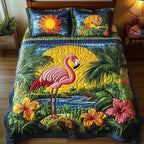Tropical Flamingo Sun quilted 3-piece bedding set on a made bed in a light coastal bedroom