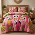 Tropical Flamingos Pink quilted 3-piece bedding set on a made bed in a light coastal bedroom