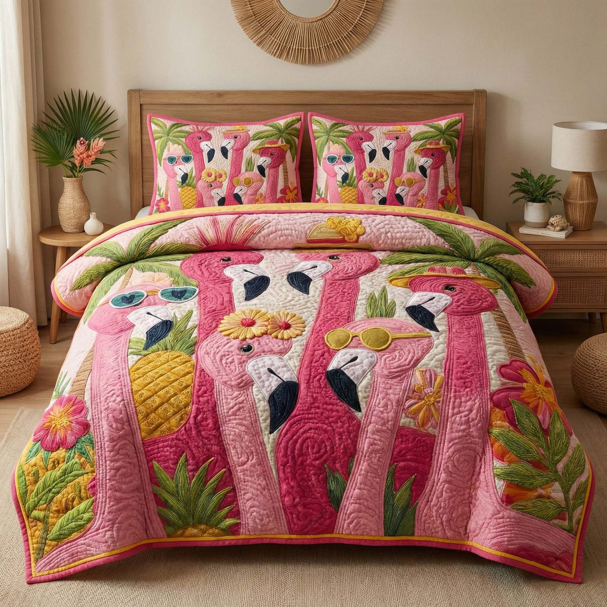 Tropical Flamingos Pink quilted 3-piece bedding set on a made bed in a light coastal bedroom