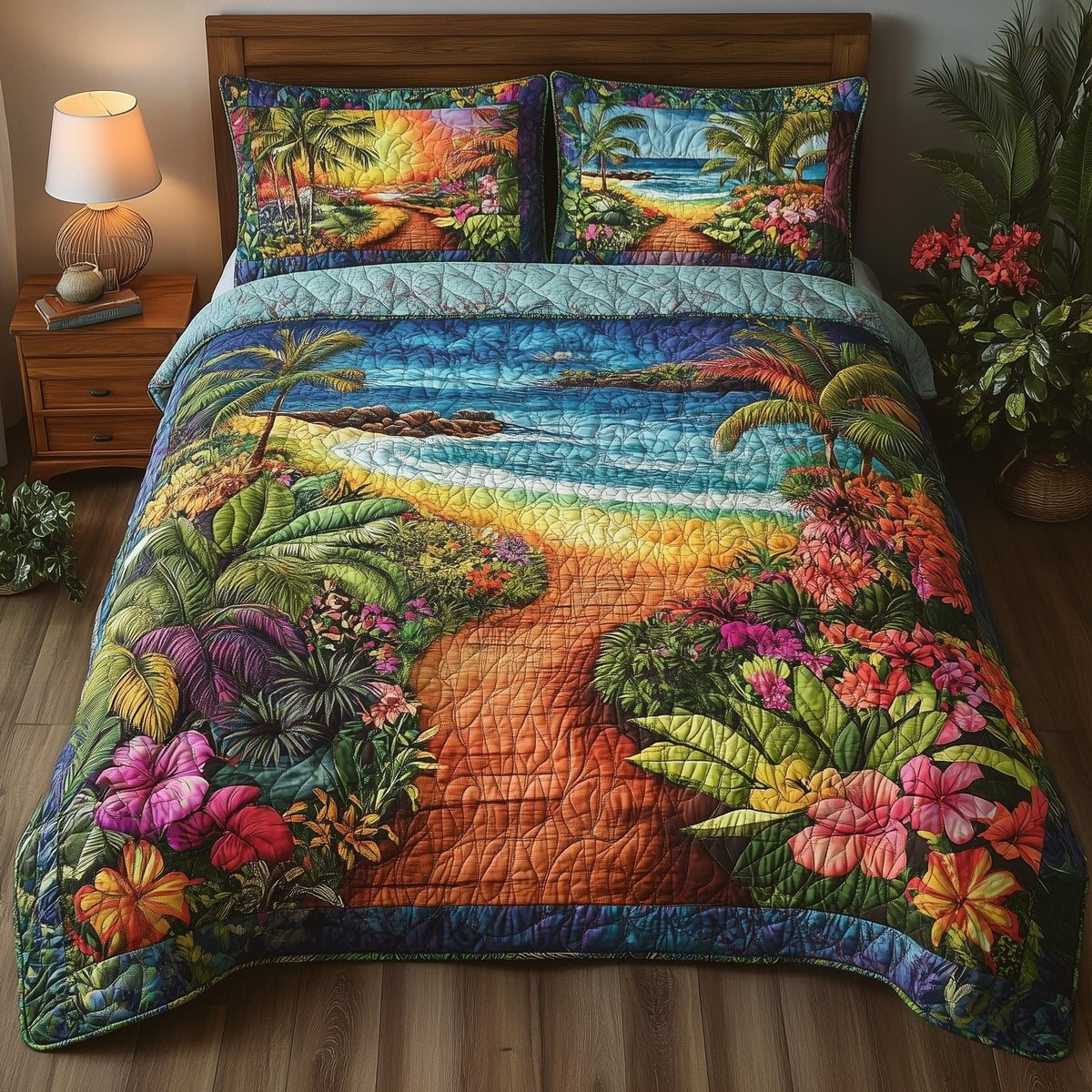 Tropical Path Sunset quilted 3-piece bedding set on a made bed in a light coastal bedroom