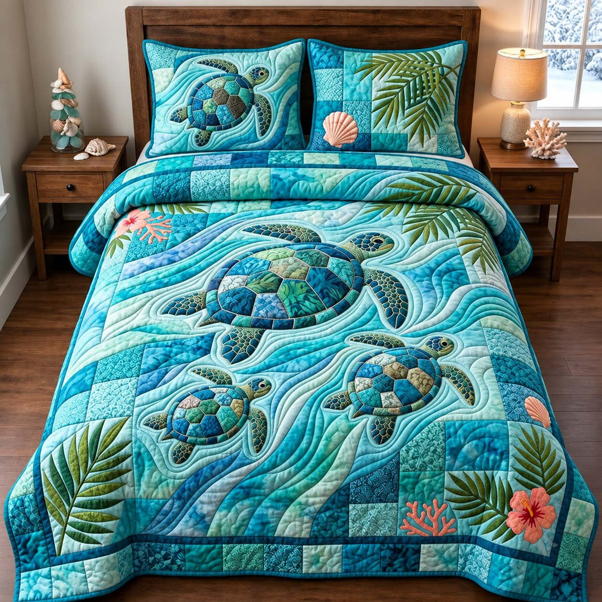Tropical Turtle Waves quilted 3-piece bedding set on a made bed in a light coastal bedroom