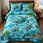 Tropical Turtle Waves quilted 3-piece bedding set on a made bed in a light coastal bedroom