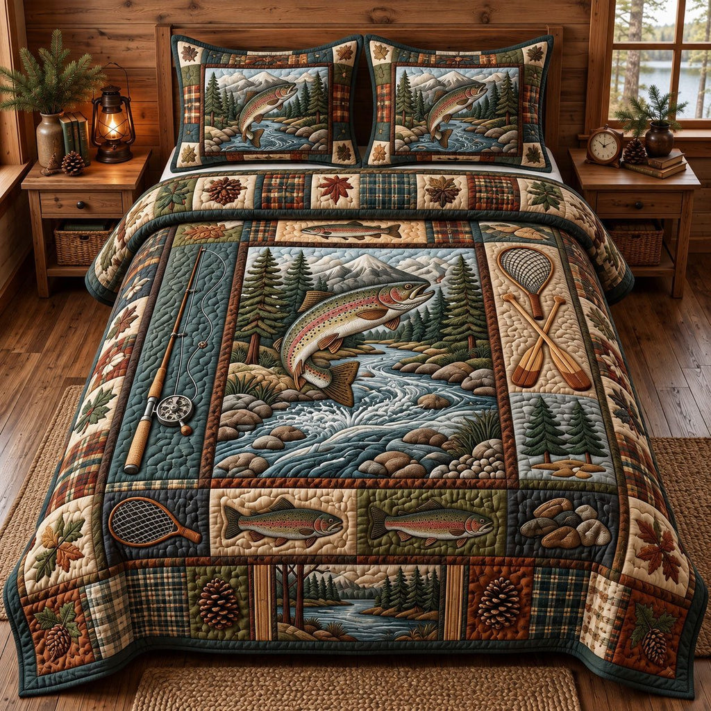 Trout Stream Paddle Rustic quilted 3-piece bedding set on a made bed in a farmhouse bedroom