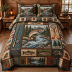 Trout Stream Paddle Rustic quilted 3-piece bedding set on a made bed in a farmhouse bedroom