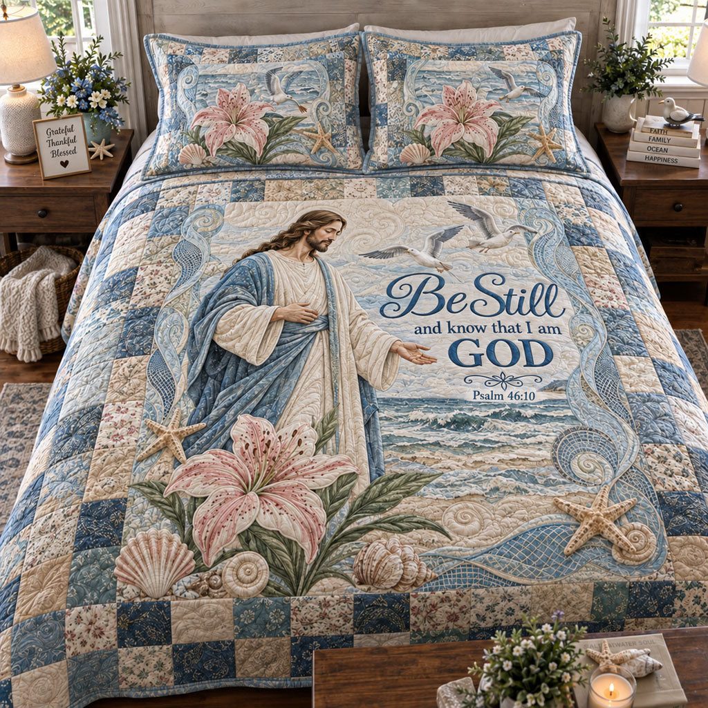Trust His Plan quilted 3-piece bedding set on a made bed with two matching pillow shams