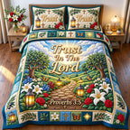 Trust In The Lord Garden Path quilted 3-piece bedding set on a made bed in a softly lit bedroom