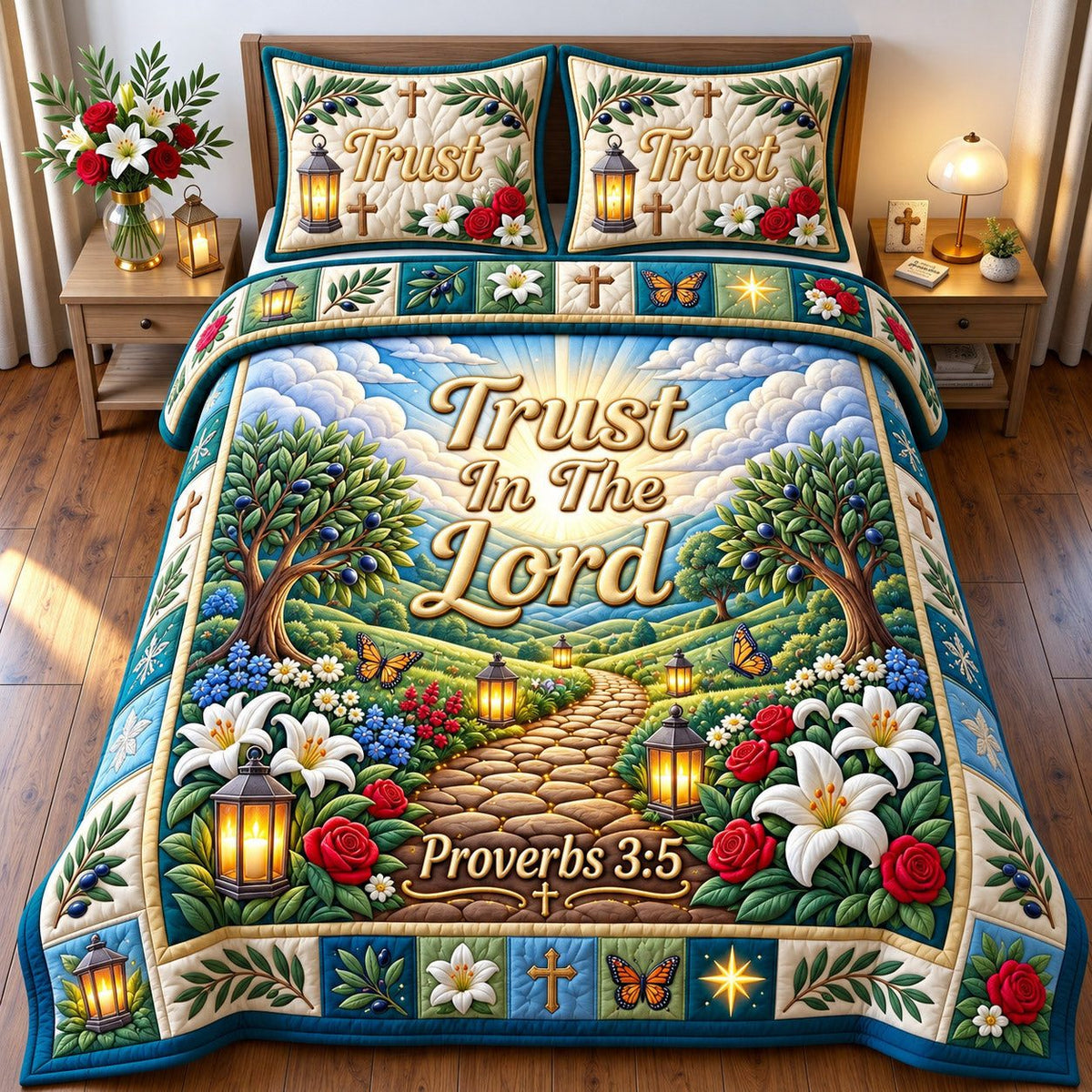 Trust In The Lord Garden Path quilted 3-piece bedding set on a made bed in a softly lit bedroom