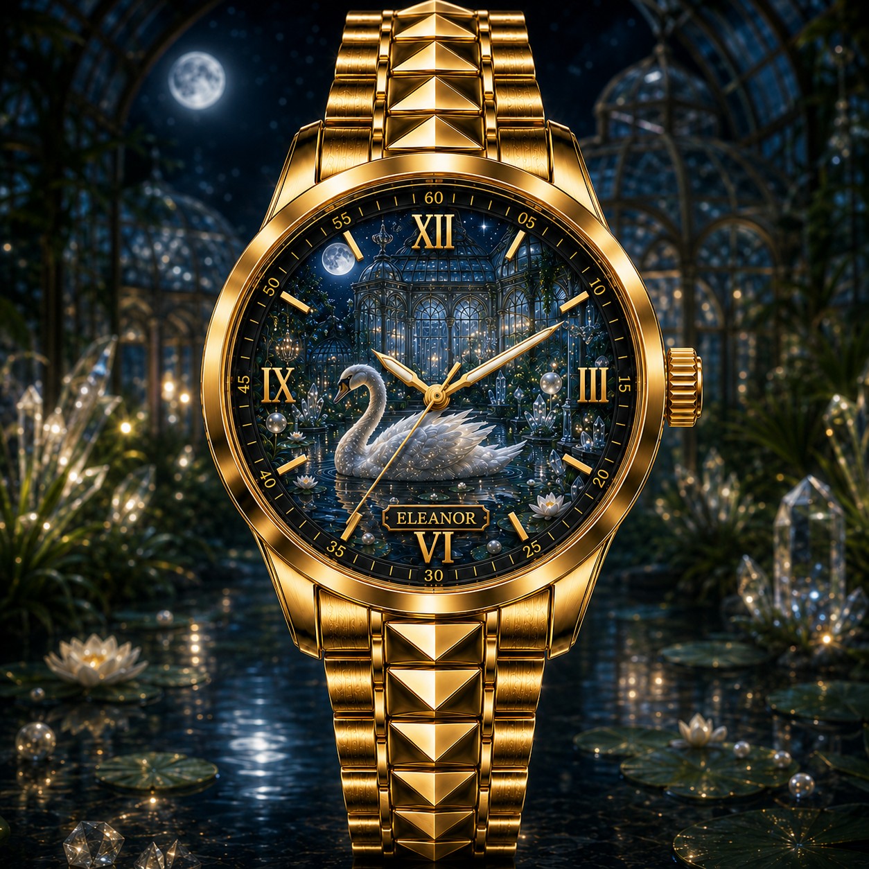 Custom Crystal Swan Conservatory Watch — personalized with a custom name