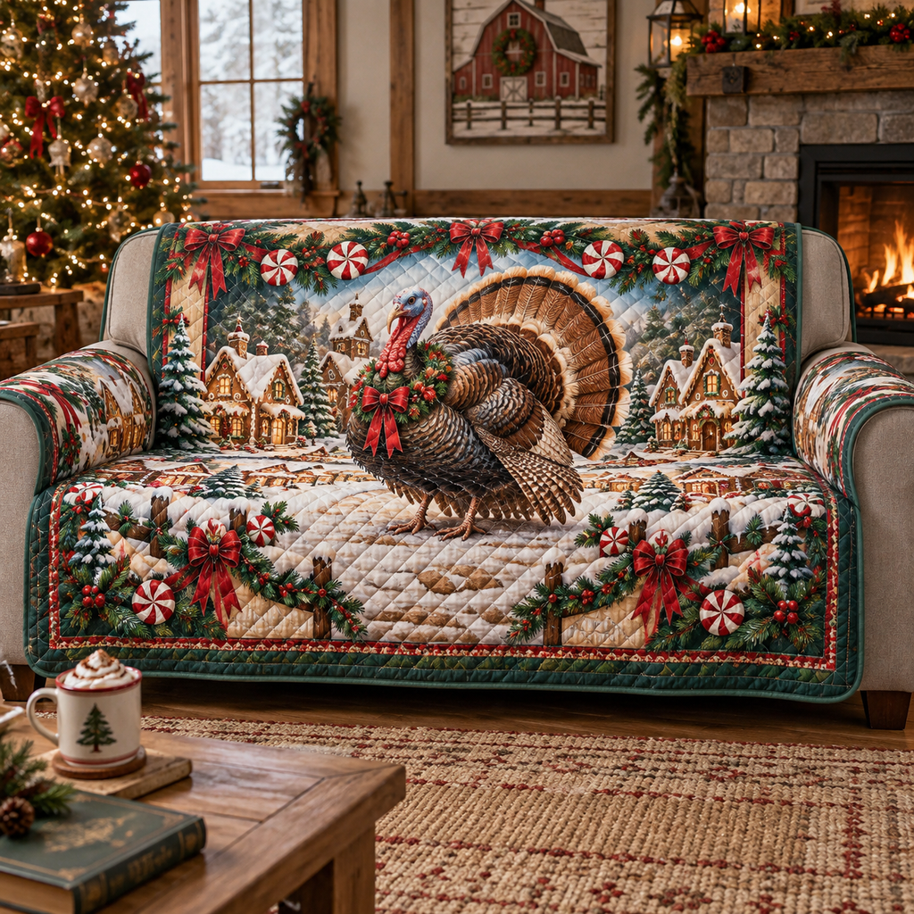 Turkey Christmas Quilted Sofa Cover — digital product visualization
