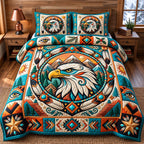 Turquoise Circle Eagle Spirit quilted 3-piece bedding set on a made bed in a warmly lit bedroom