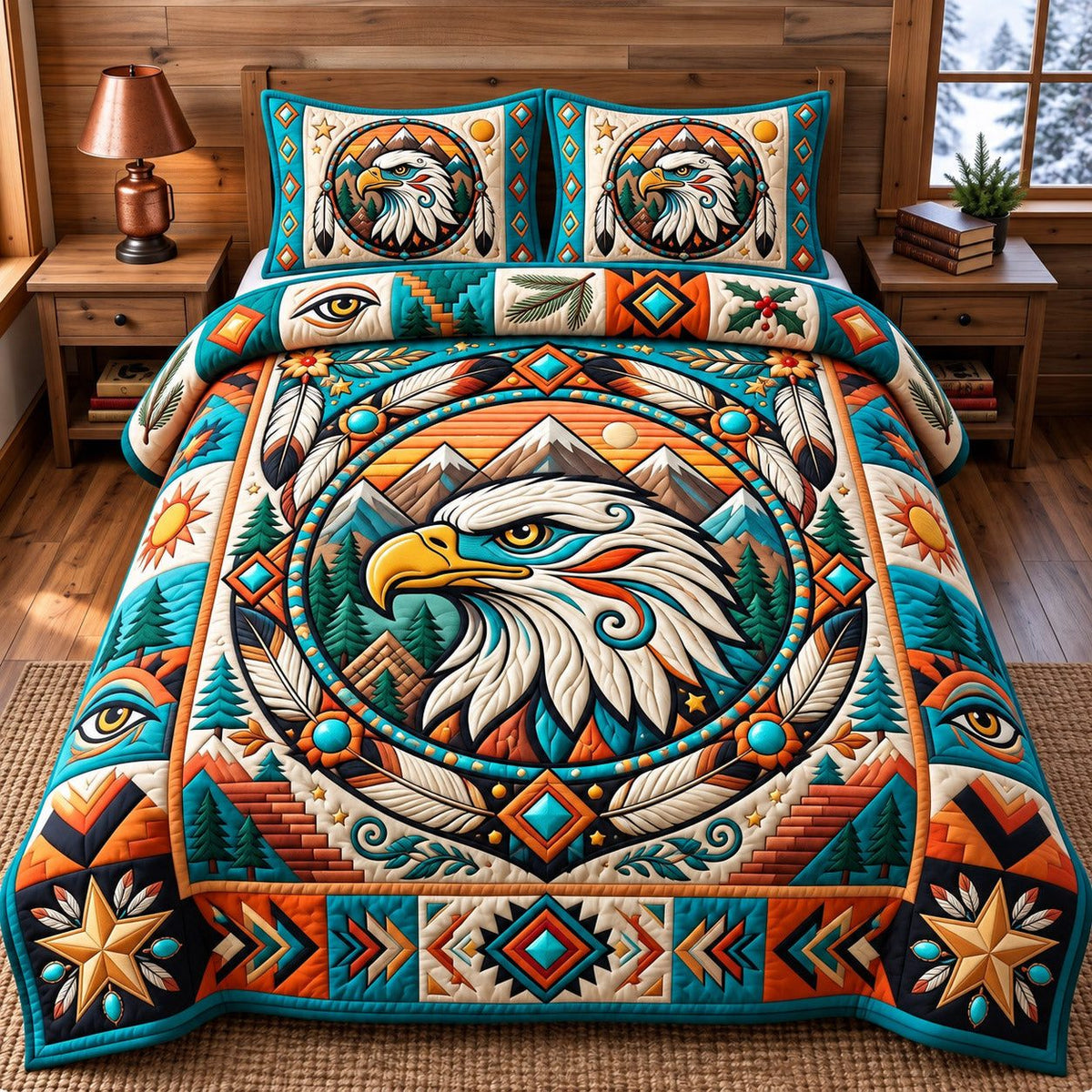 Turquoise Circle Eagle Spirit quilted 3-piece bedding set on a made bed in a warmly lit bedroom
