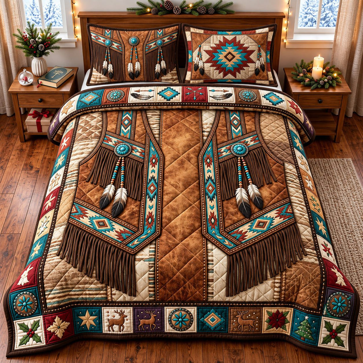 Turquoise Feather quilted 3-piece bedding set on a made bed with two matching pillow shams